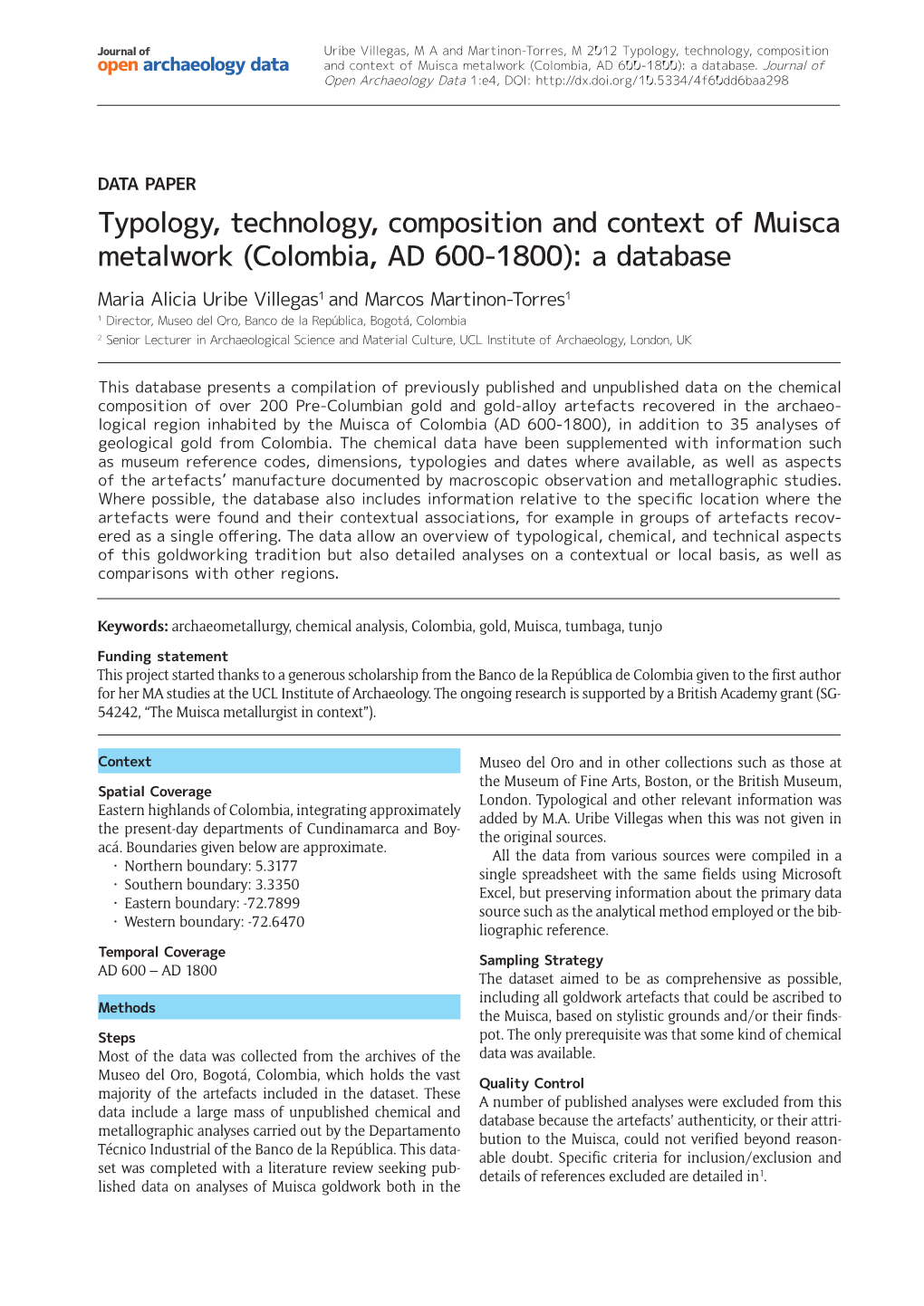Typology, Technology, Composition and Context of Muisca Metalwork