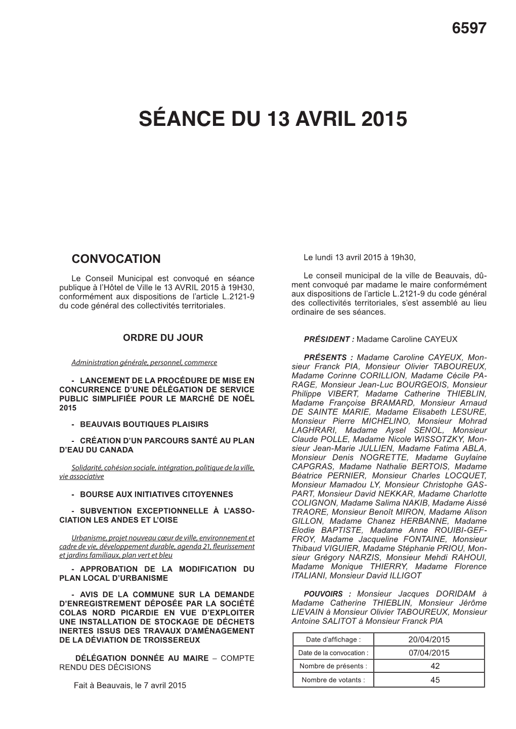 Séance Du 13 Avril 2015