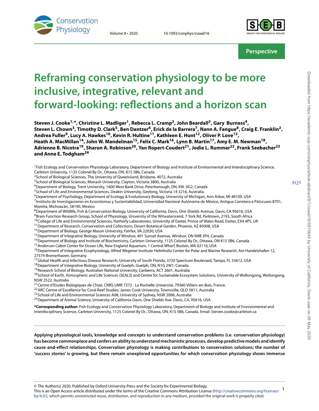 Reframing Conservation Physiology to Be More Inclusive, Integrative, Relevant and Forward-Looking: Reflections and a Horizon Scan