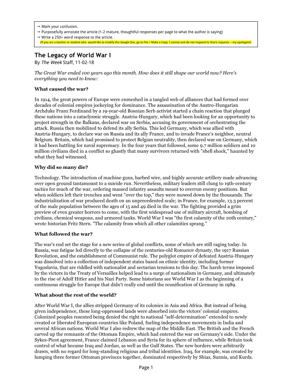 The Legacy of World War I by T He Week S Taff, 11-02-18