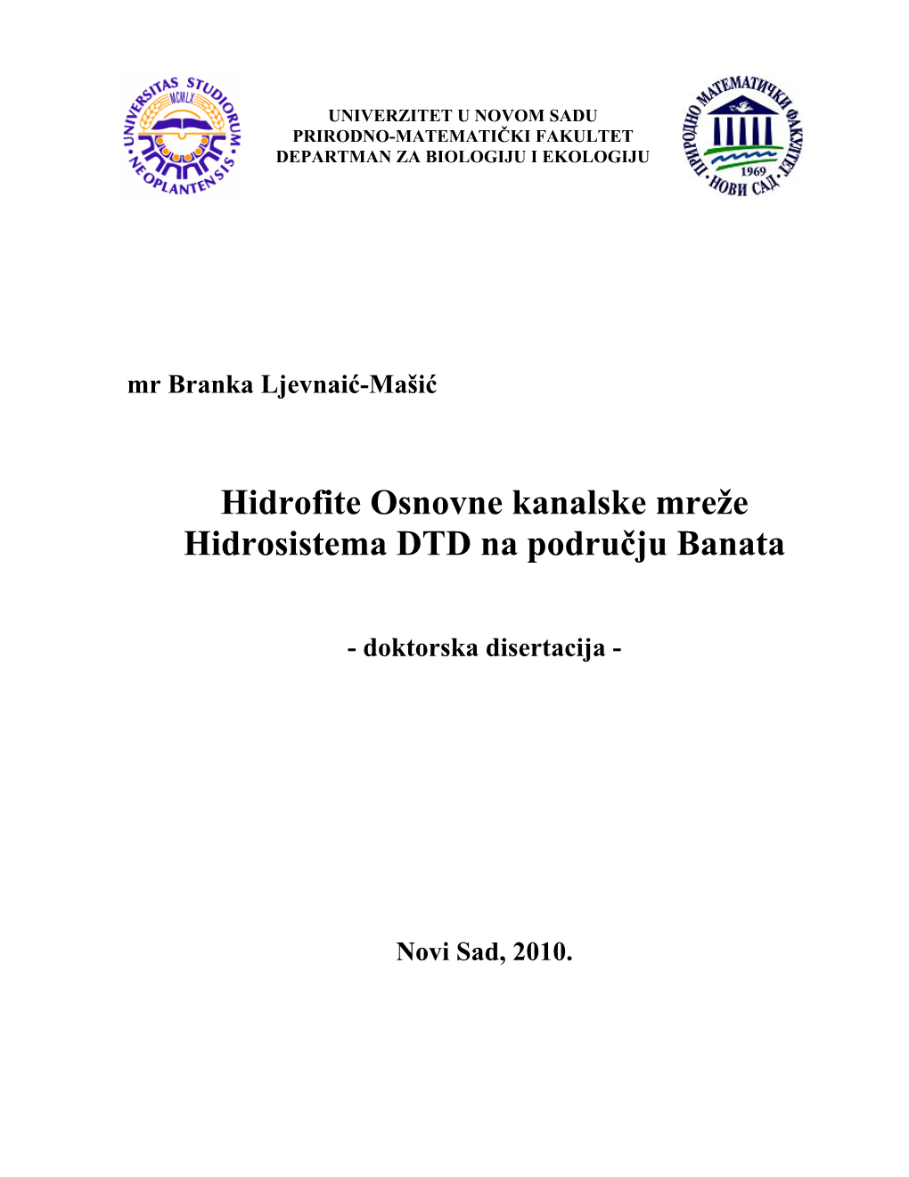 Hidrofite Osnovne Kanalske Mreže Hidrosistema DTD Na Području Banata