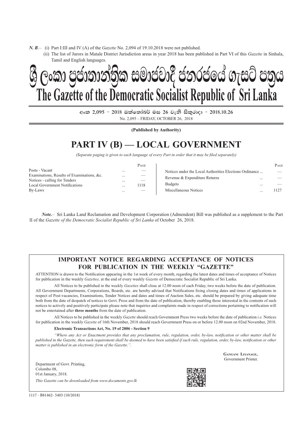 Local Government (Separate Paging Is Given to Each Language of Every Part in Order That It May Be Filed Separately)