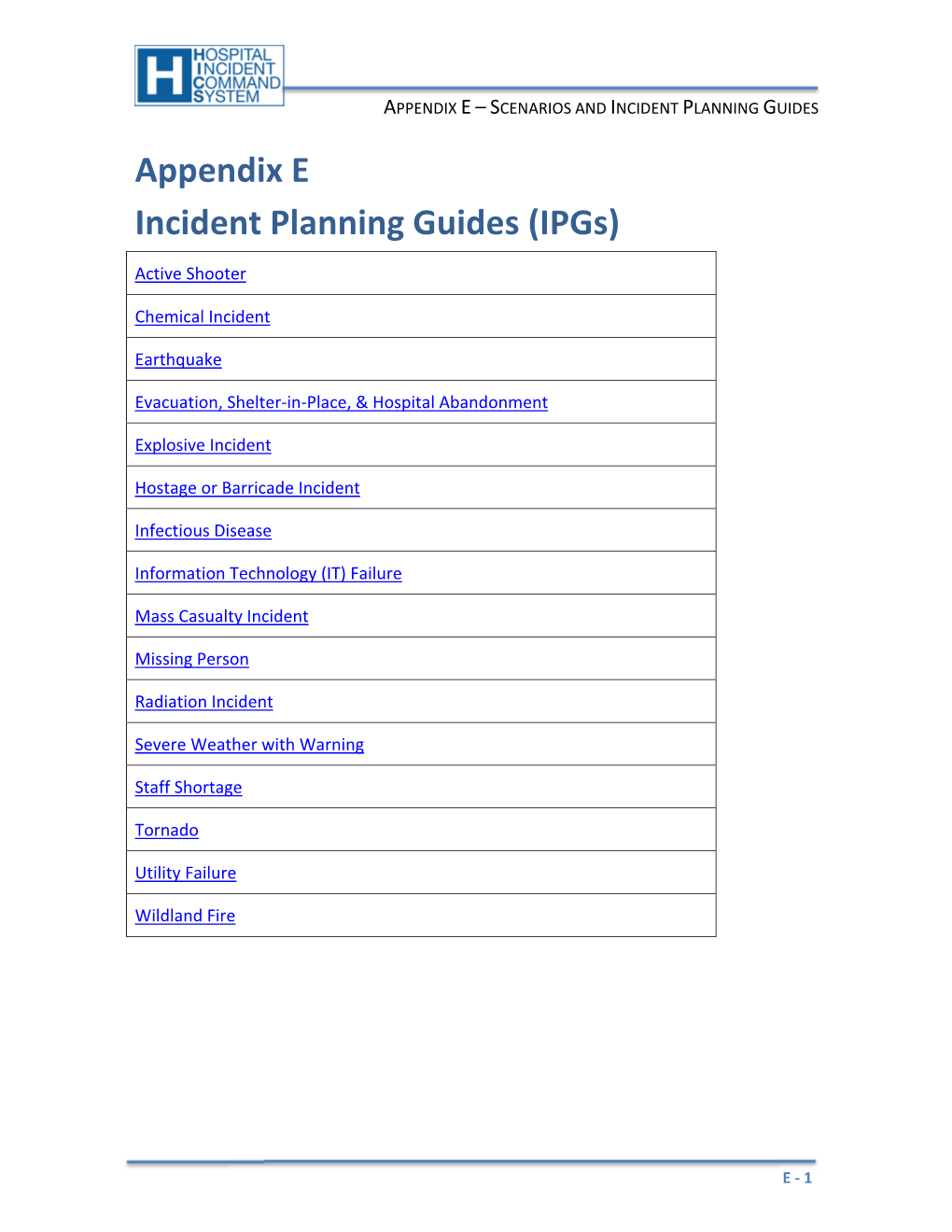 Appendix E Incident Planning Guides (Ipgs)