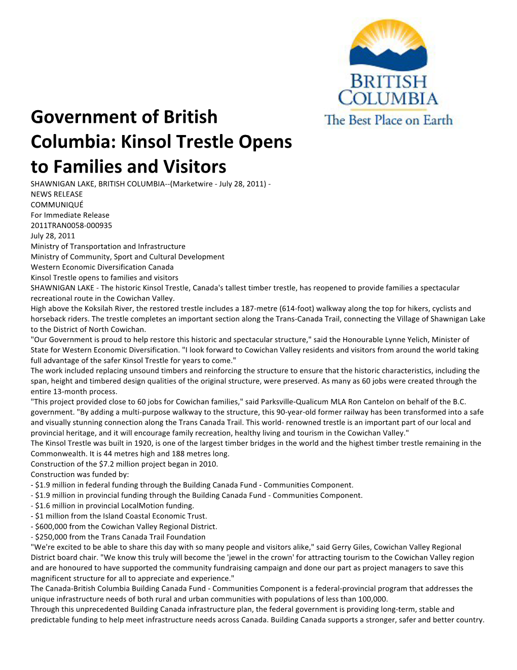 Government of British Columbia: Kinsol Trestle Opens to Families