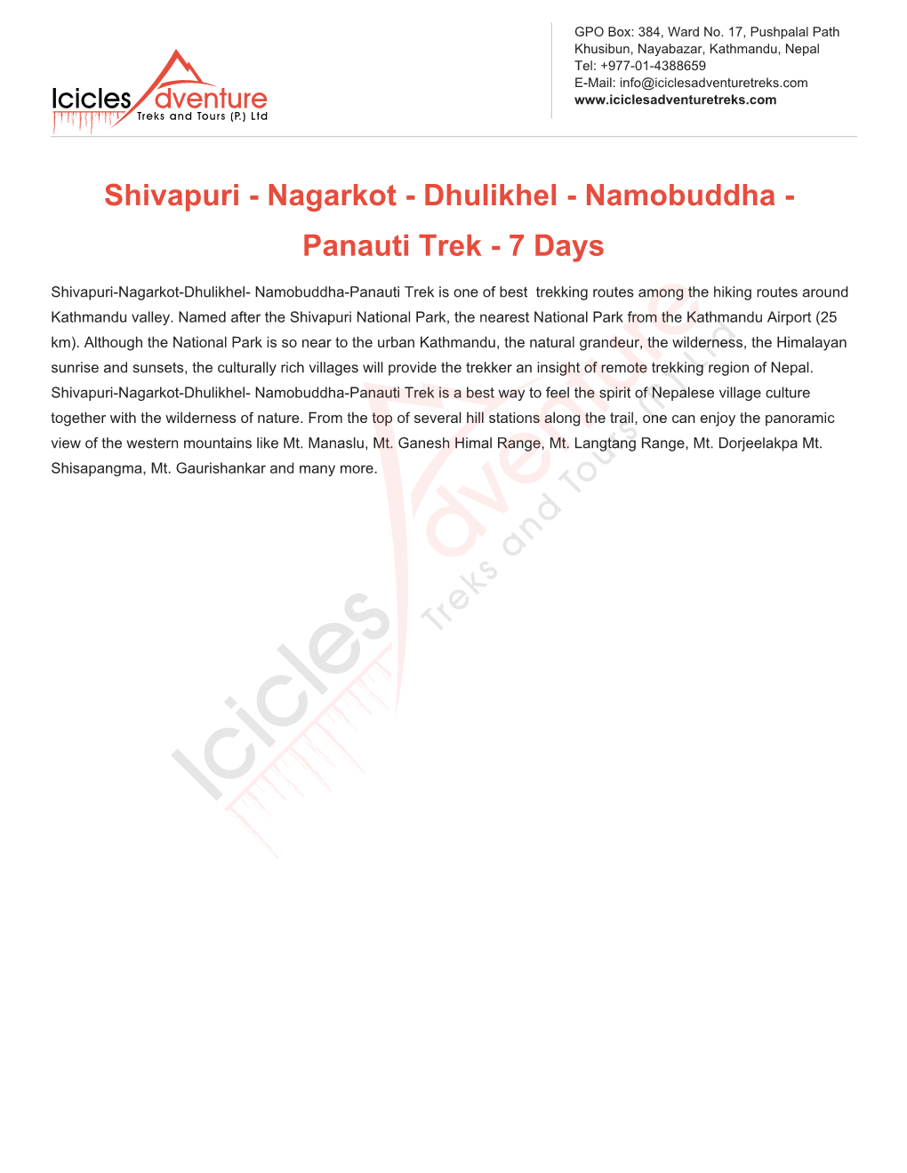 Shivapuri - Nagarkot - Dhulikhel - Namobuddha - Panauti Trek - 7 Days