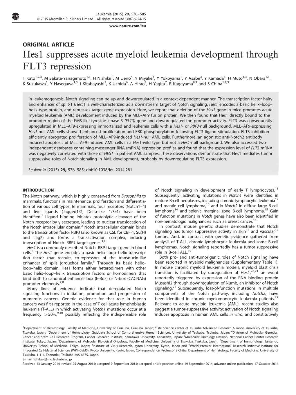 Hes1 Suppresses Acute Myeloid Leukemia Development Through FLT3 Repression