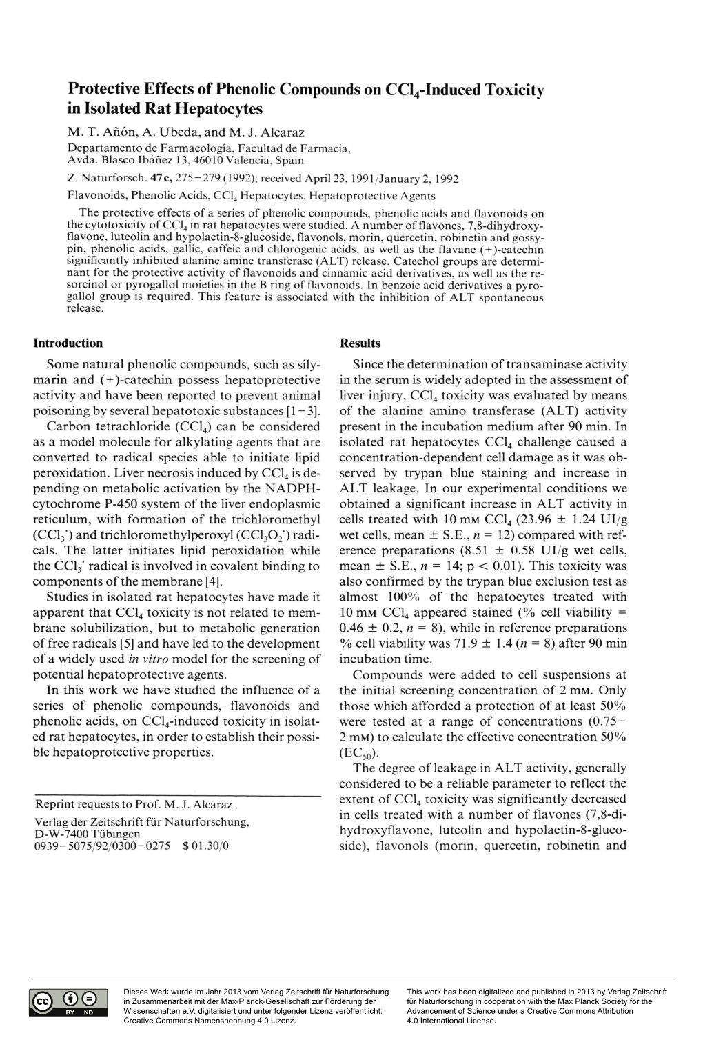 Protective Effects of Phenolic Compounds on Ccl4-Induced Toxicity in Isolated Rat Hepatocytes M