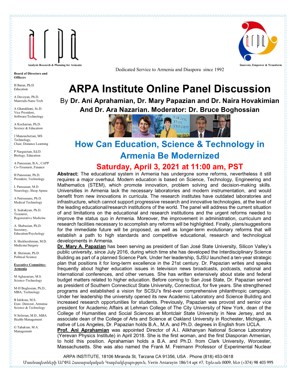 ARPA Institute Online Panel Discussion a Davoyan, Ph.D