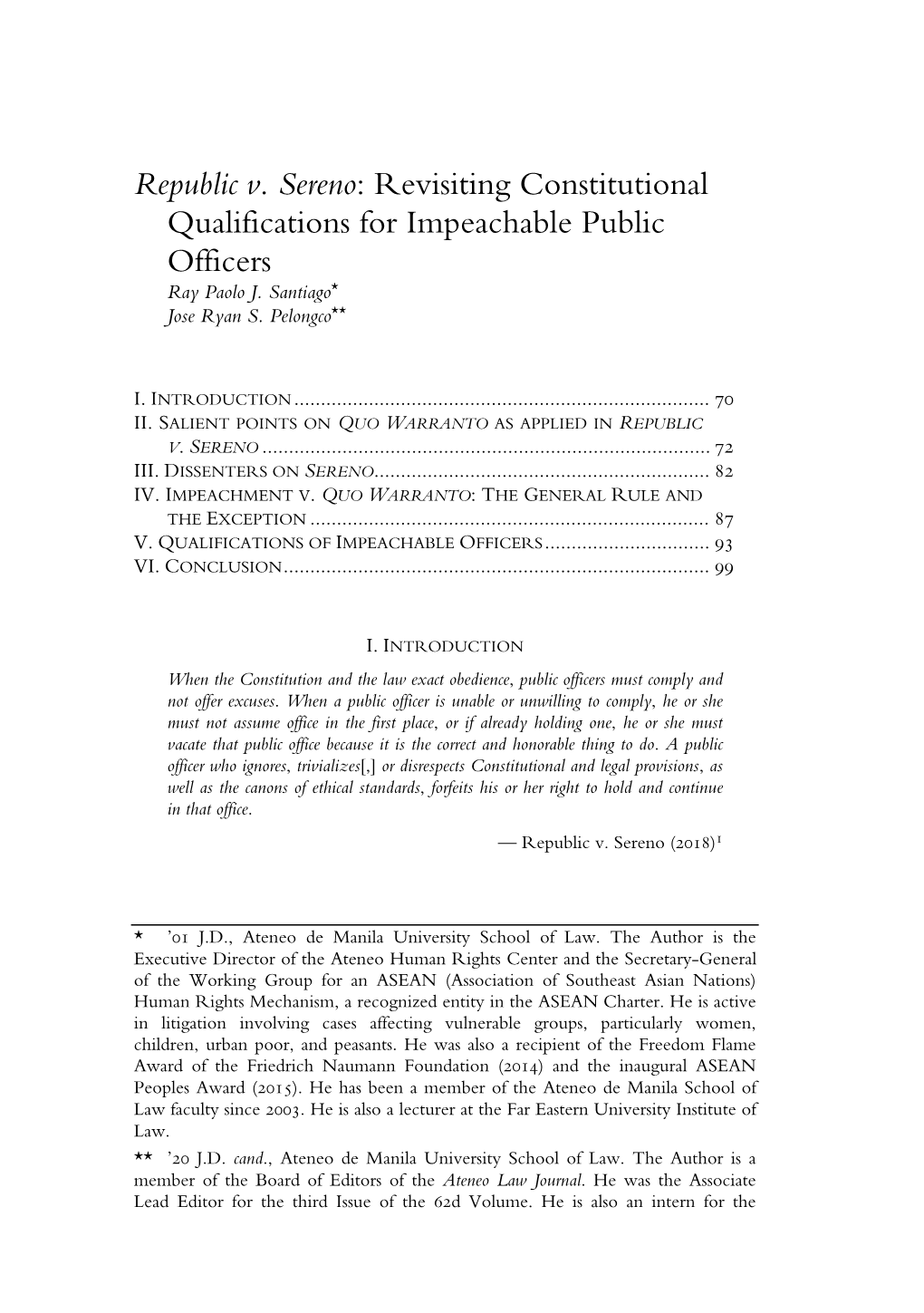 Republic V. Sereno: Revisiting Constitutional Qualifications for Impeachable Public Officers Ray Paolo J