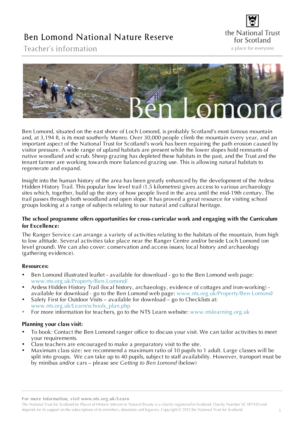 Ben Lomond National Nature Reserve Teacher’S Information