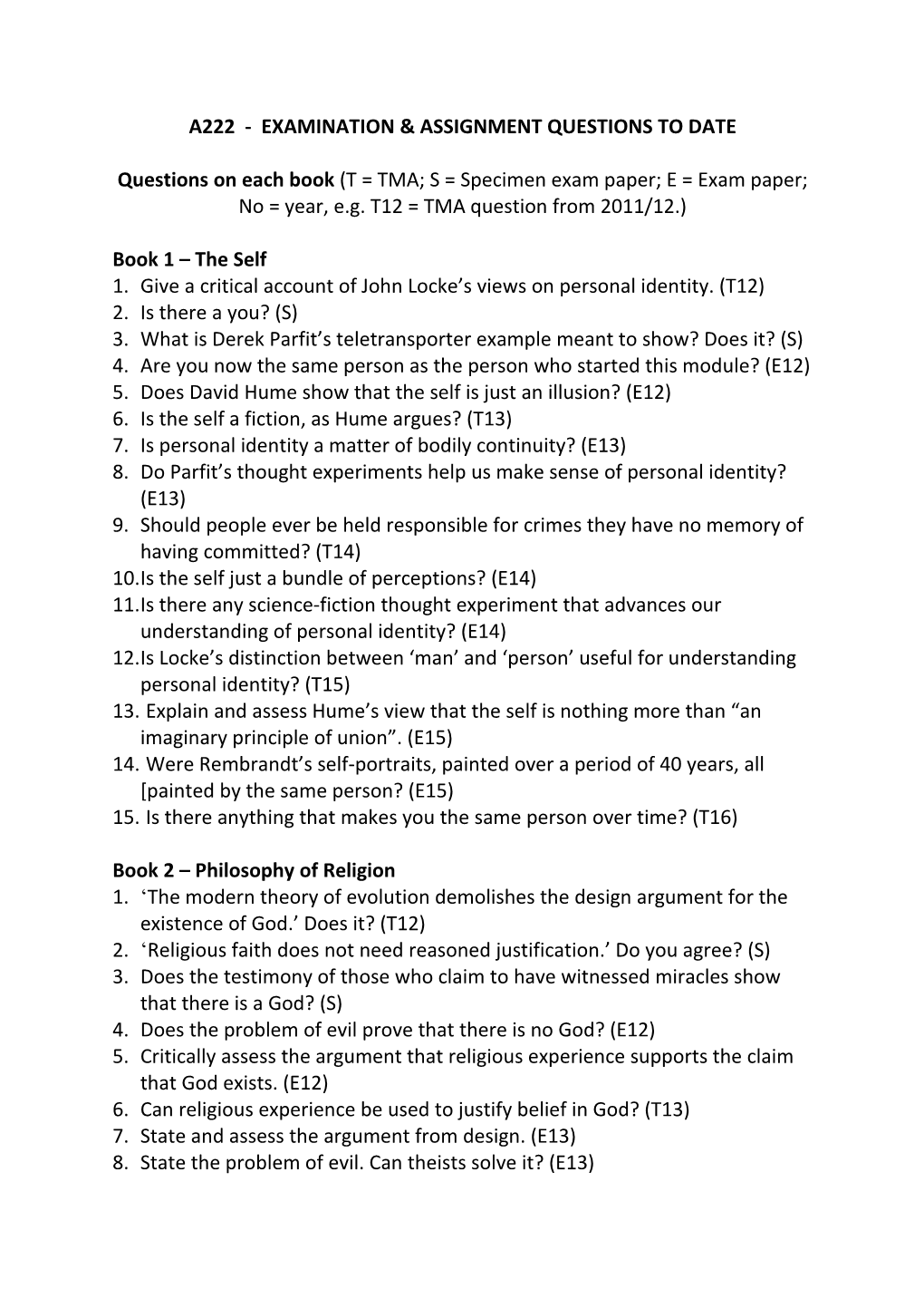 Questions on Each Book (T = TMA; S = Specimen Exam Paper; E = Exam Paper) from 2000, the Exam