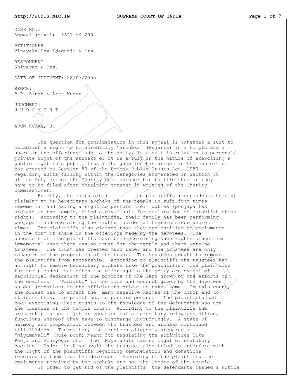 SUPREME COURT of INDIA Page 1 of 7