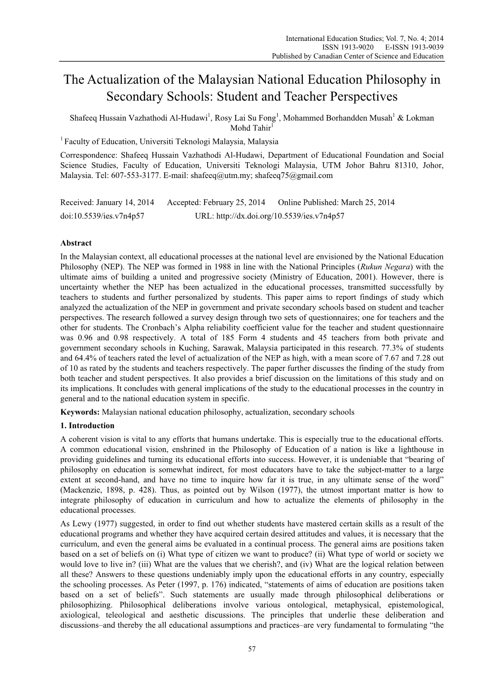 The Actualization of the Malaysian National Education Philosophy in Secondary Schools: Student and Teacher Perspectives