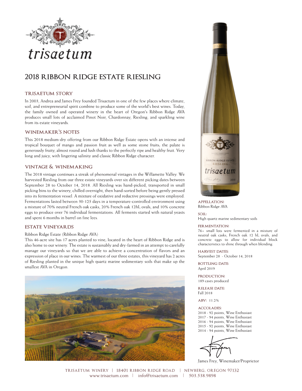 2018 Ribbon Ridge Estate Riesling TS