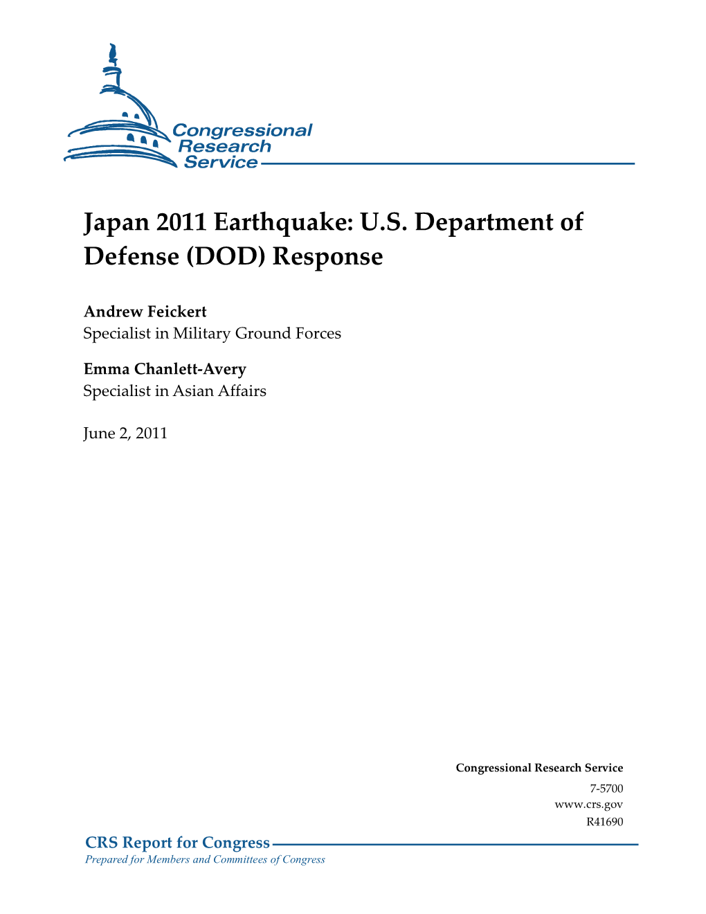 Japan 2011 Earthquake: U.S. Department of Defense (DOD) Response