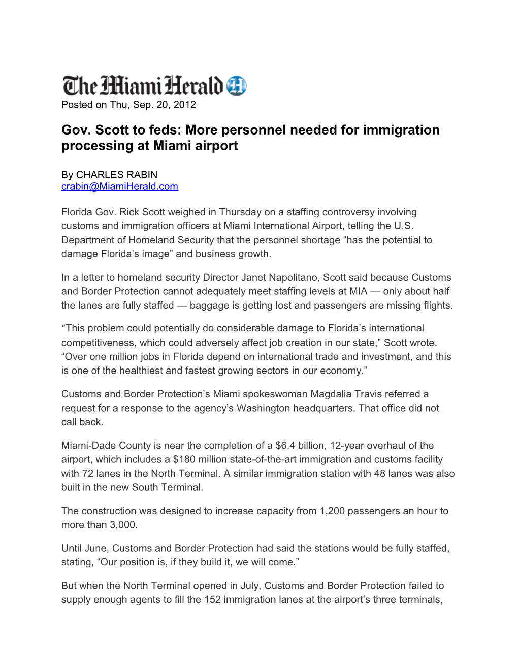 Gov. Scott to Feds: More Personnel Needed for Immigration Processing at Miami Airport