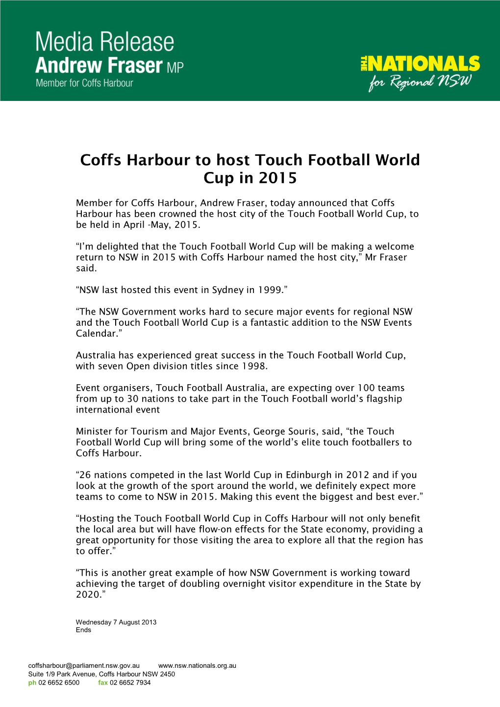 Coffs Harbour to Host Touch Football World Cup in 2015