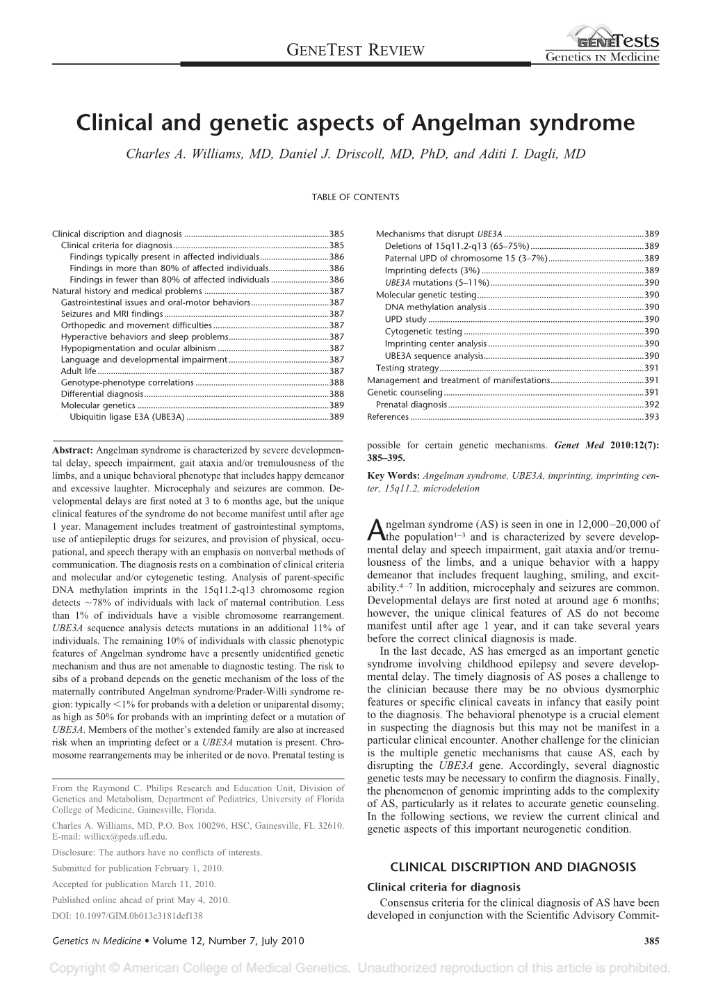 Clinical and Genetic Aspects of Angelman Syndrome Charles A