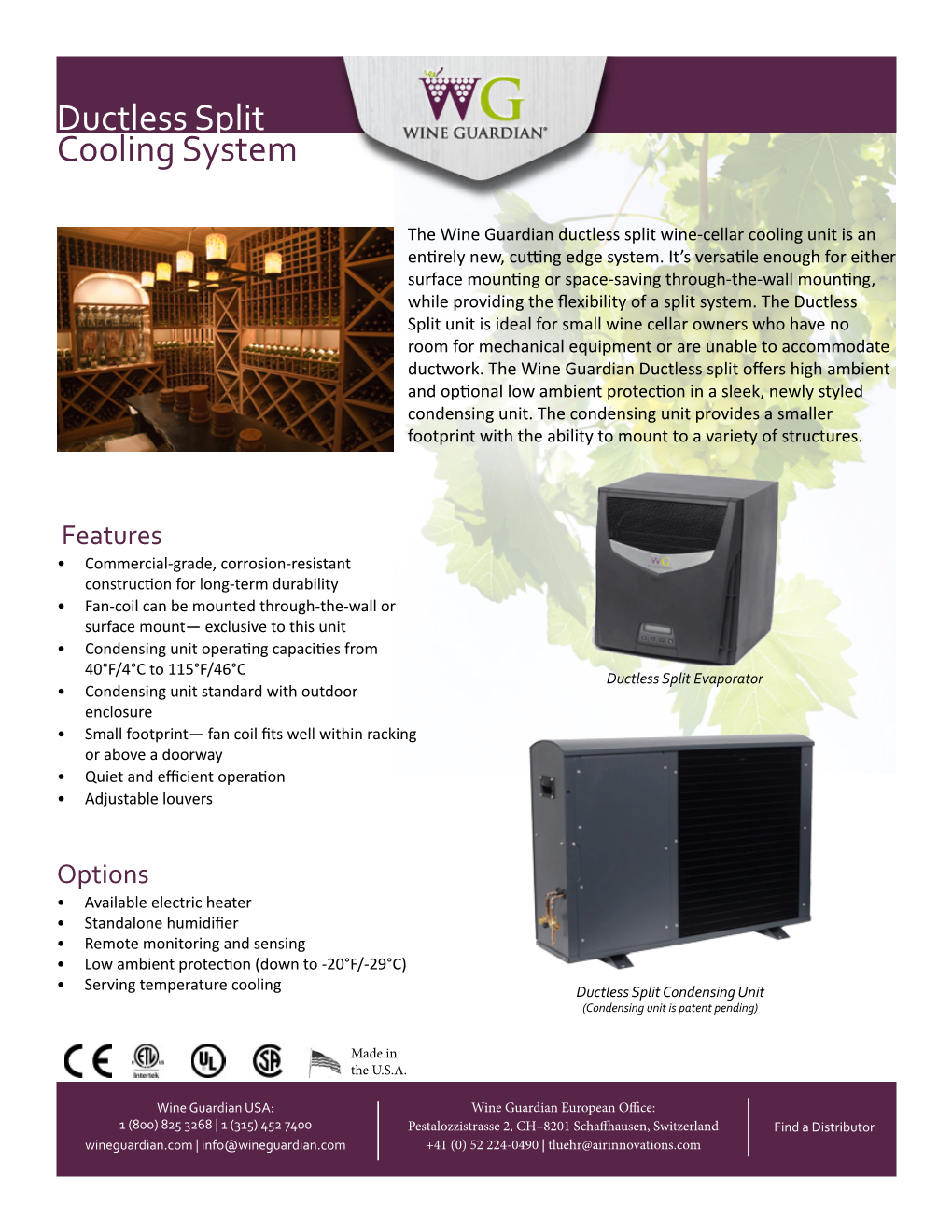 Wine Guardian Ducted Wine Cellar Cooling Units Data Sheet