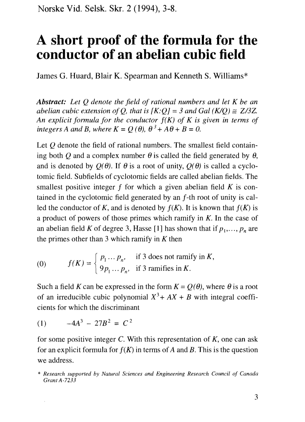 A Short Proof of the Formula for the Conductor of an Abelian Cubic Field