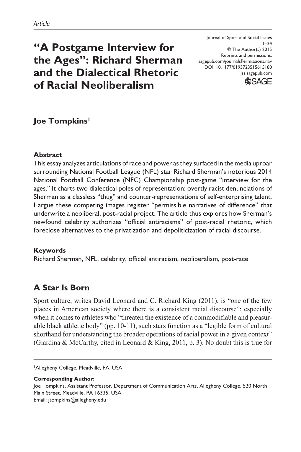Richard Sherman and the Dialectical Rhetoric of Racial Neoliberalism