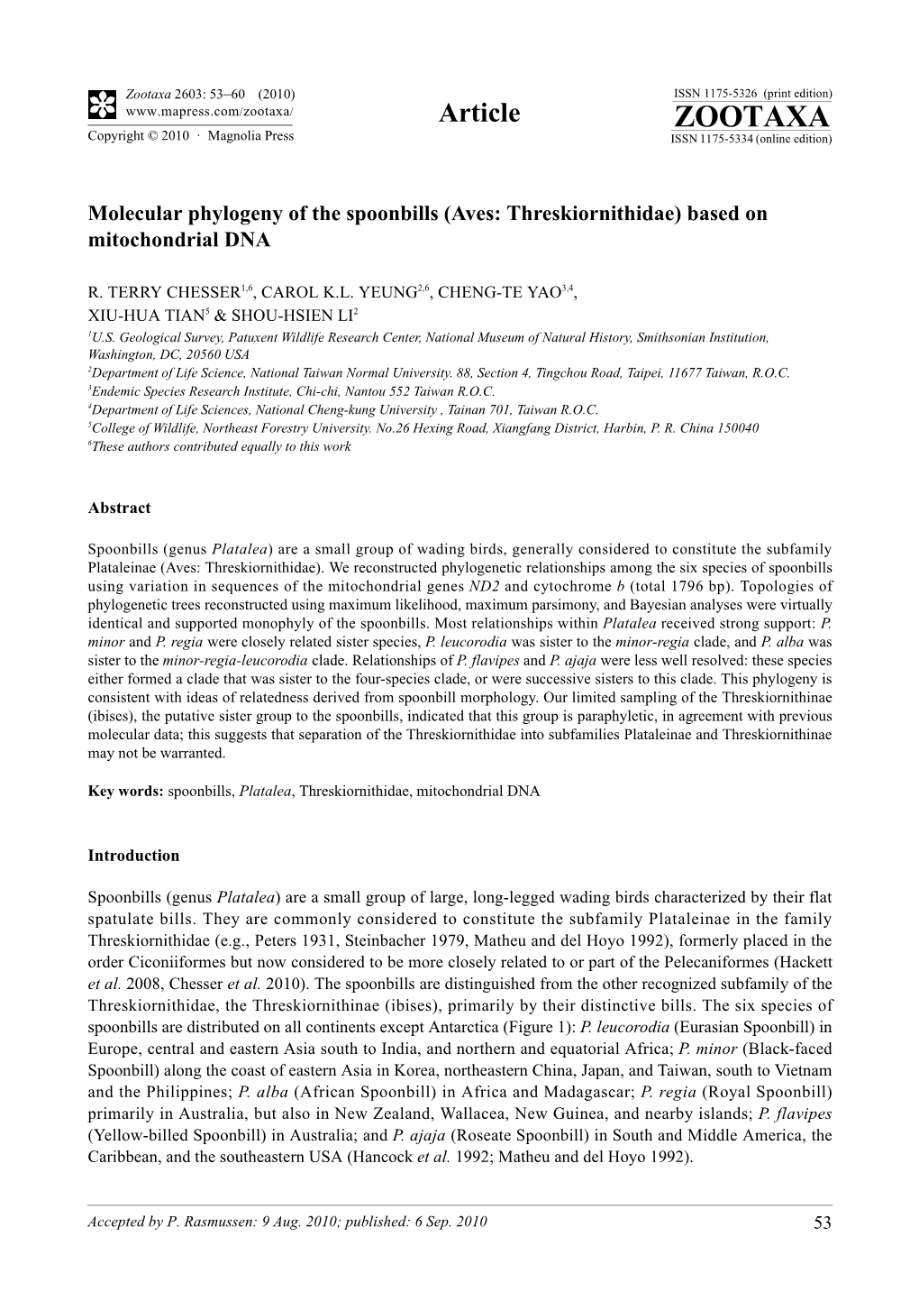 Zootaxa, Molecular Phylogeny of the Spoonbills (Aves: Threskiornithidae