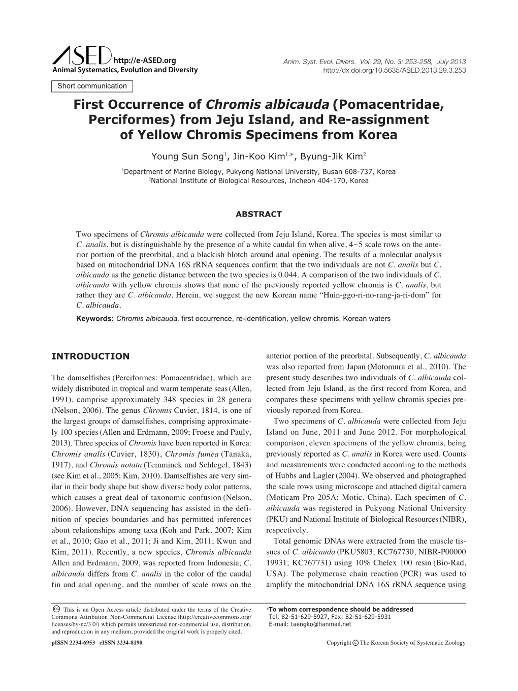 First Occurrence of Chromis Albicauda (Pomacentridae, Perciformes) from Jeju Island, and Re-Assignment of Yellow Chromis Specimens from Korea