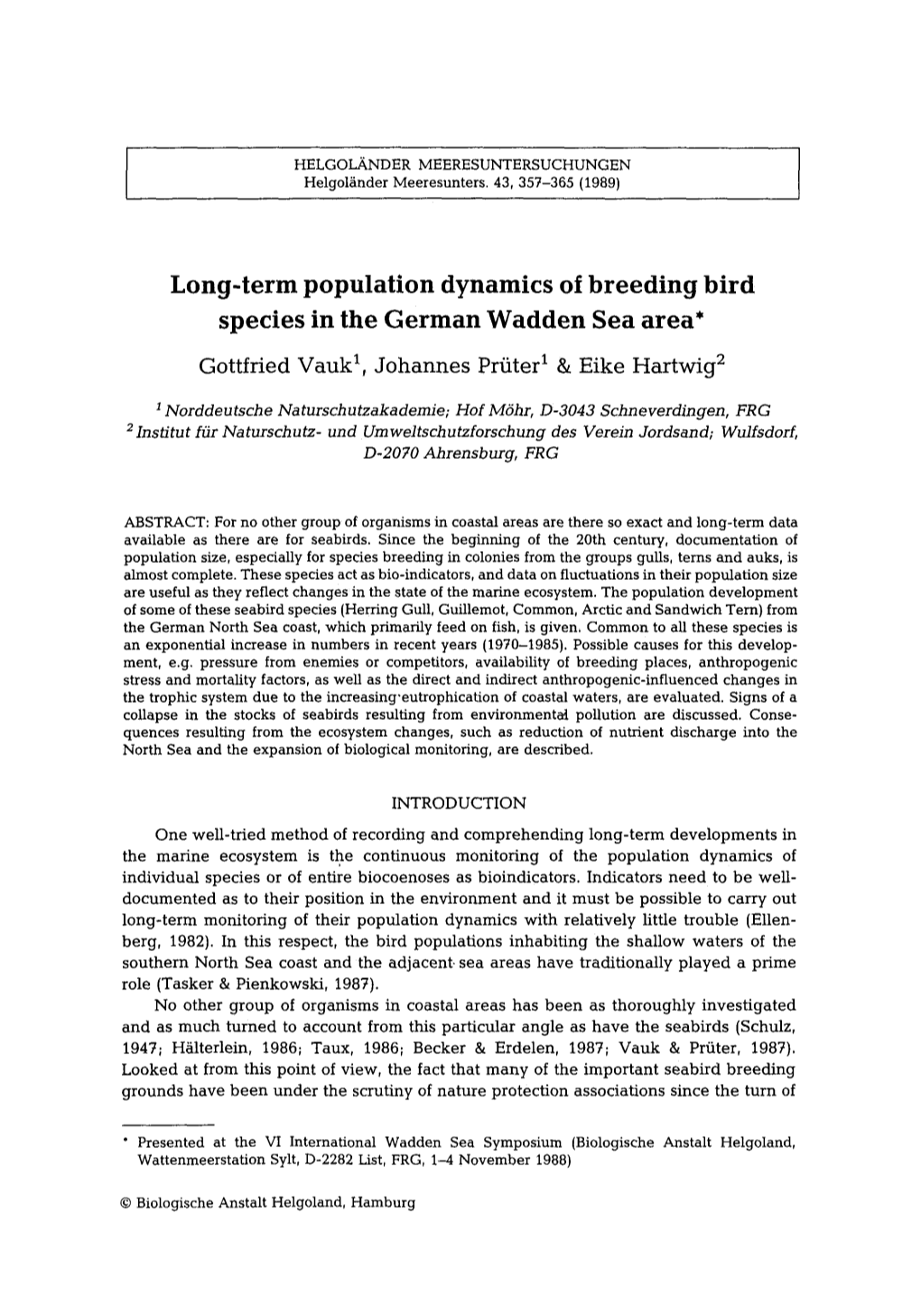 Long-Term Population Dynamics of Breeding Bird Species in the German Wadden Sea Area*