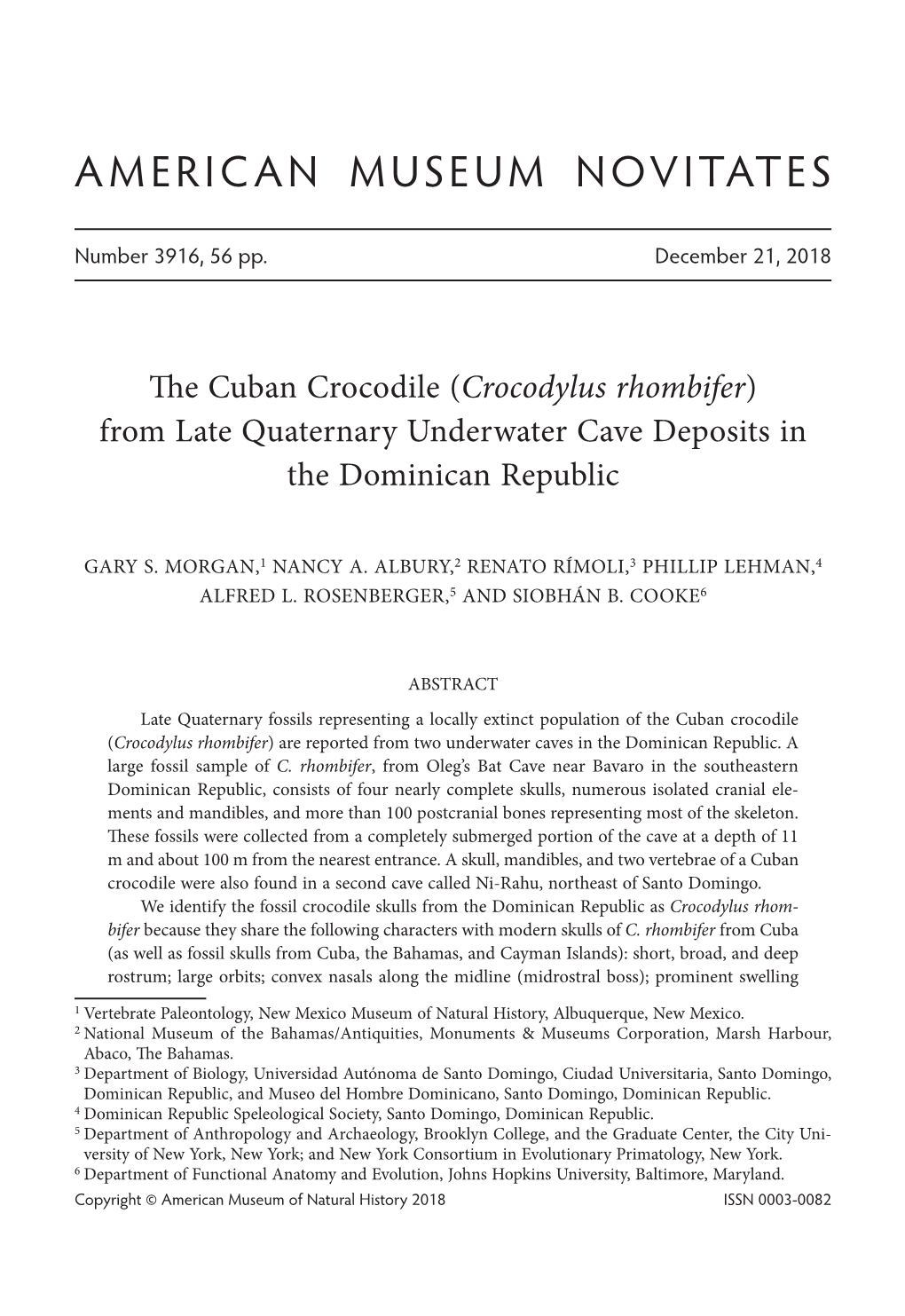 Crocodylus Rhombifer) from Late Quaternary Underwater Cave Deposits in the Dominican Republic