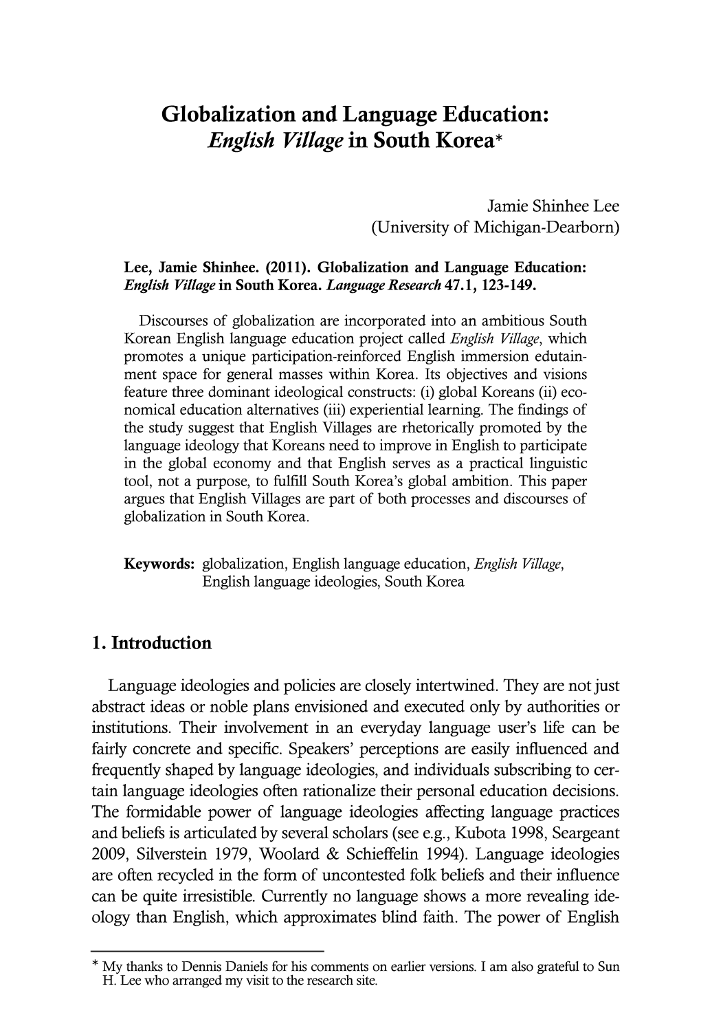 Globalization and Language Education: English Village in South Korea