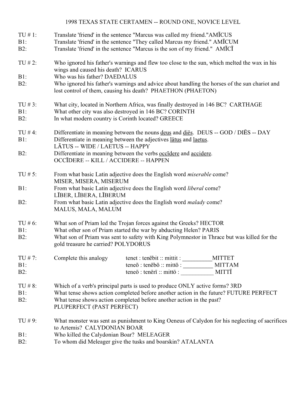 1998 Texas State Certamen -- Round One, Novice Level Tu