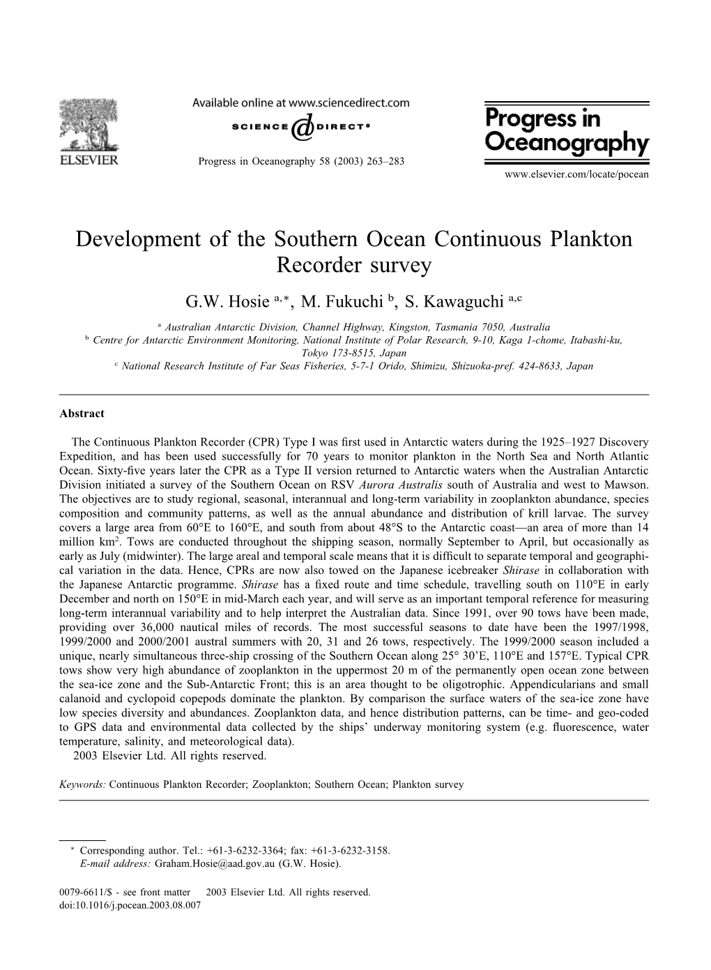 Development of the Southern Ocean Continuous Plankton Recorder Survey G.W