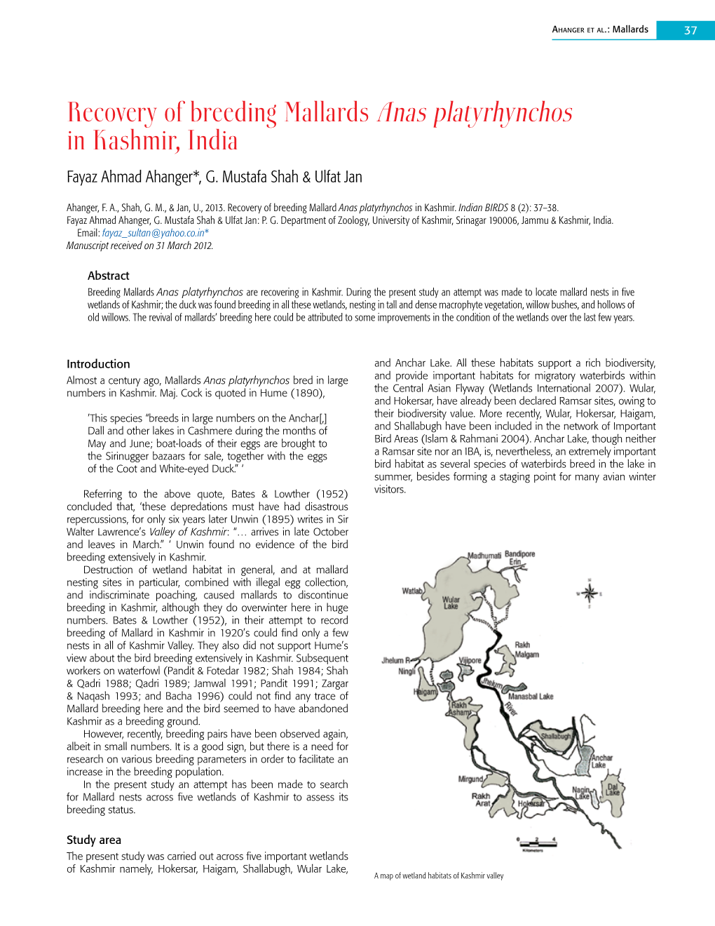 Recovery of Breeding Mallards Anas Platyrhynchos in Kashmir, India Fayaz Ahmad Ahanger*, G