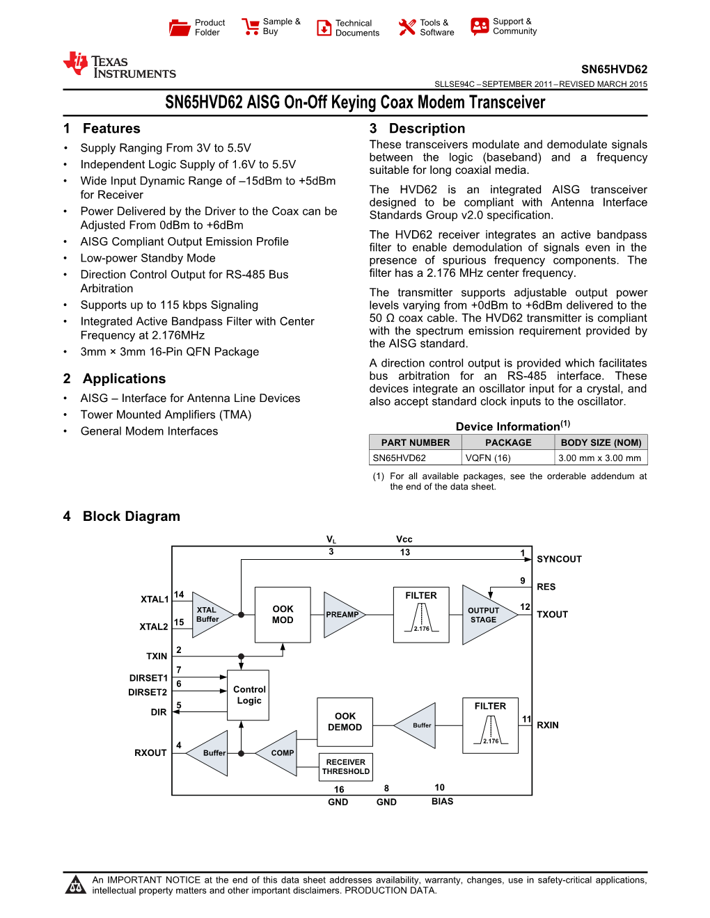 SN65HVD62 AISG On-Off Keying Coax Modem Transceiver Datasheet