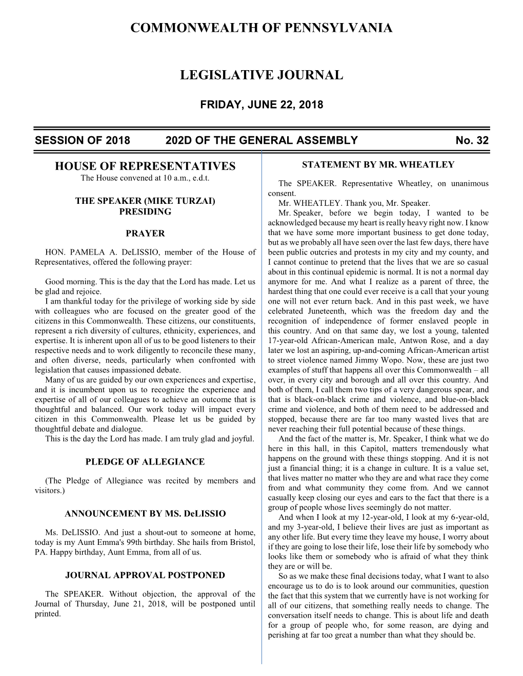 1004, PN 3805, Entitled: YEAS–193 a Resolution Recognizing July 12, 2018, As "Summer Learning Day" Barbin Emrick Kulik Reed in Pennsylvania