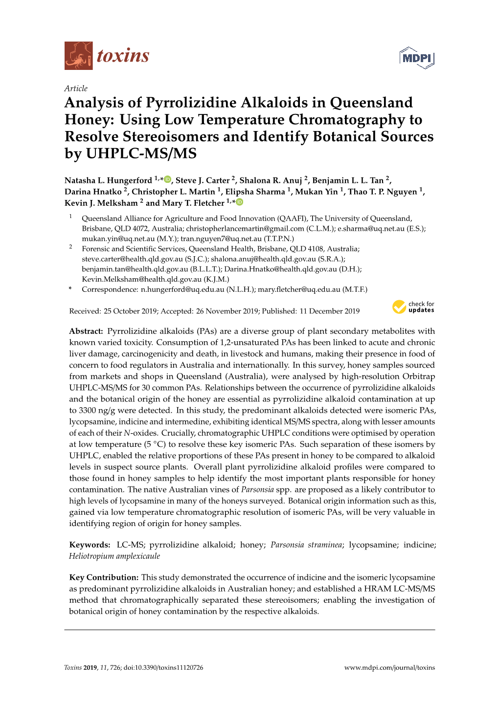 Analysis of Pyrrolizidine Alkaloids in Queensland Honey: Using Low Temperature Chromatography to Resolve Stereoisomers and Identify Botanical Sources by UHPLC-MS/MS