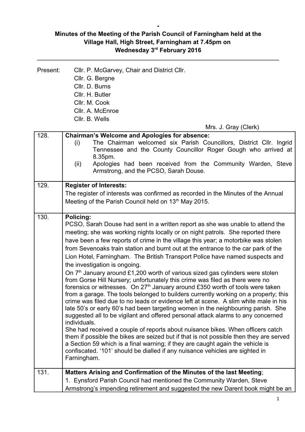 Minutes of the Meeting of the Parish Council of Farningham Held at The s1