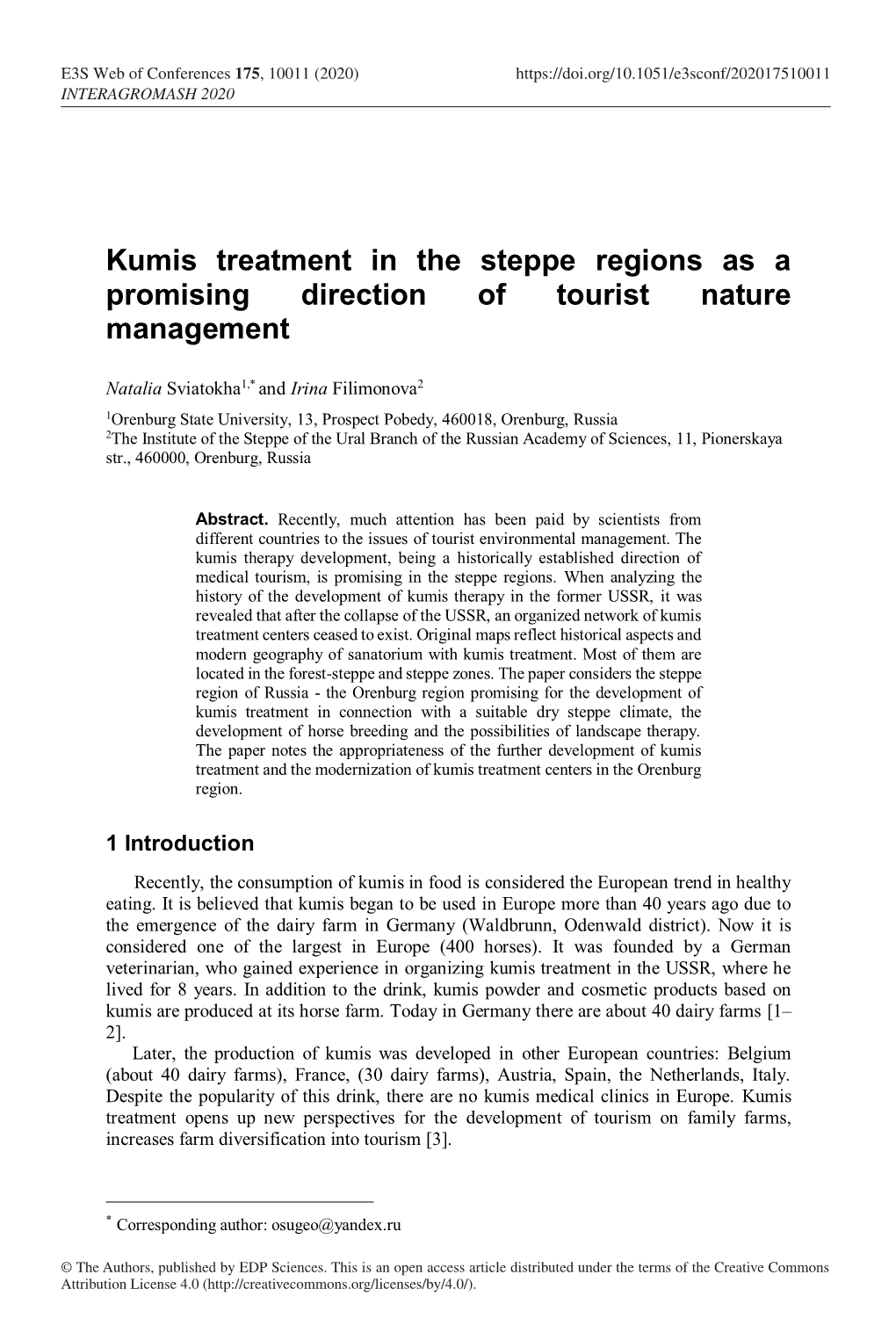Kumis Treatment in the Steppe Regions As a Promising Direction of Tourist Nature Management