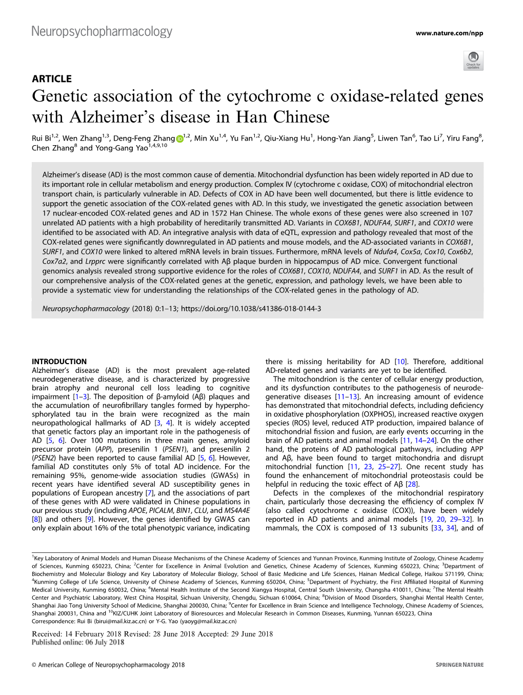 Genetic Association of the Cytochrome C Oxidase-Related Genes with Alzheimer’S Disease in Han Chinese