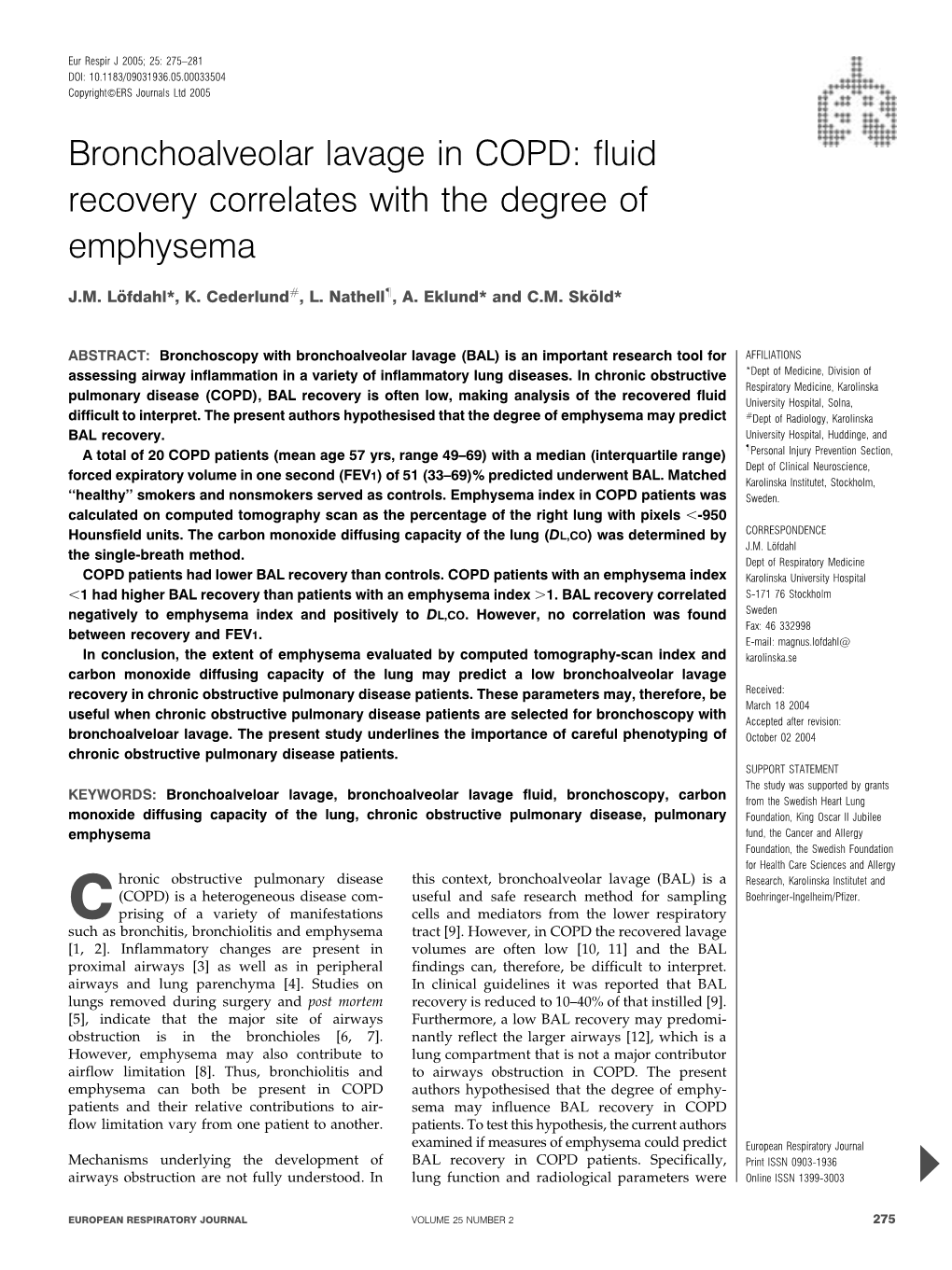 Bronchoalveolar Lavage in COPD: Fluid Recovery Correlates with the Degree of Emphysema