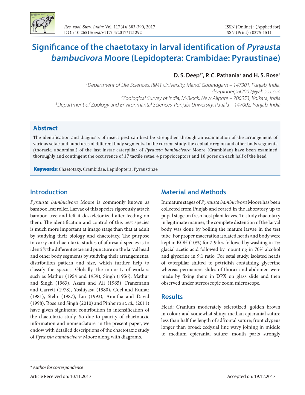 Significance of the Chaetotaxy in Larval Identification of Pyrausta