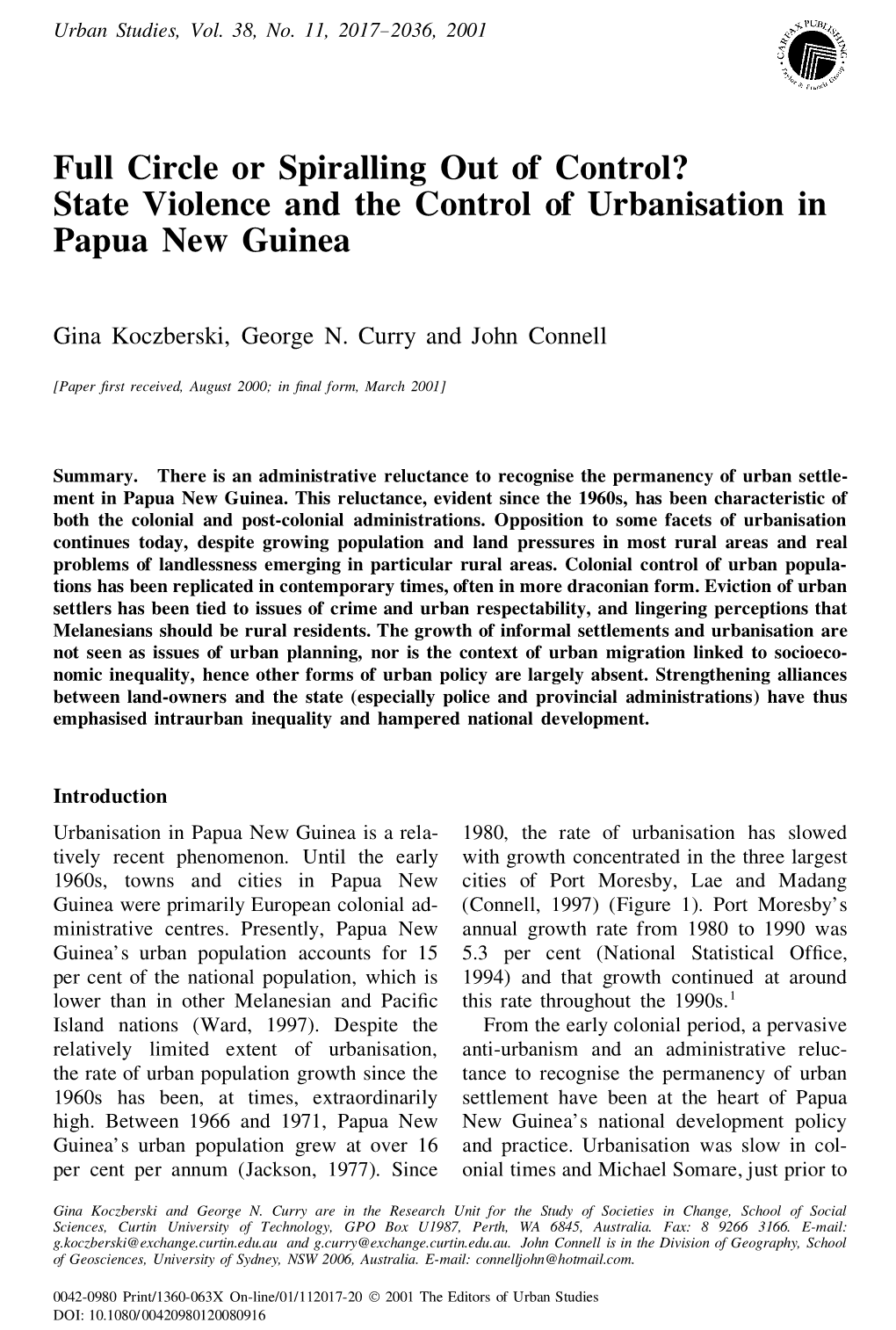 Full Circle Or Spiralling out of Control? State Violence and the Control of Urbanisation in Papua New Guinea