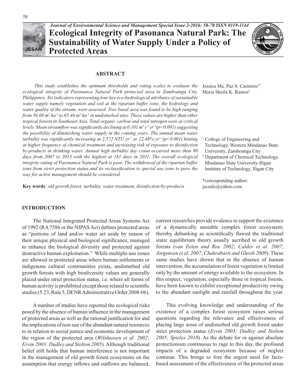 Ecological Integrity of Pasonanca Natural Park: the Sustainability of Water Supply Under a Policy of JESAM Protected Areas