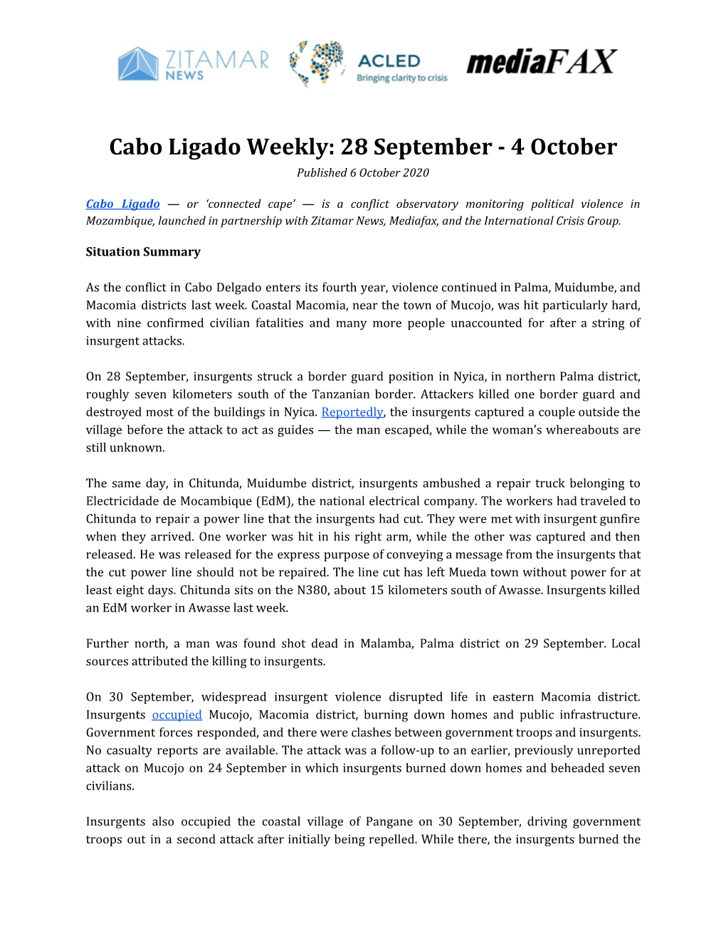 Cabo Ligado Weekly: 28 September - 4 October Published 6 October 2020