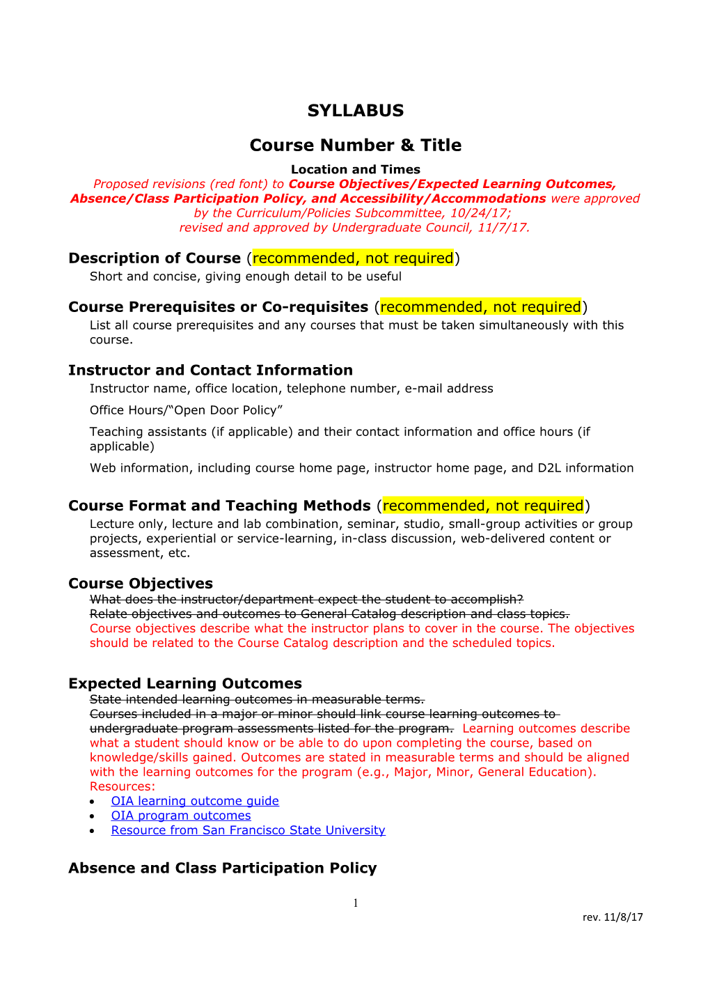 Suggested Course Syllabus Content and Format