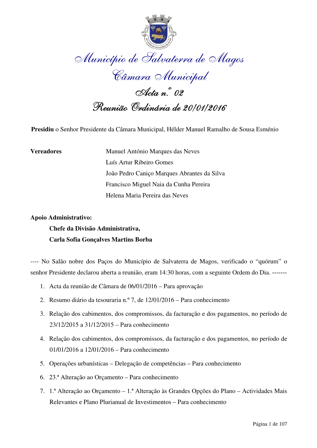 Município De Salvaterra De Magos Câmara Municipal Acta N.º 02 Reunião Ordinária De 20/01/2016