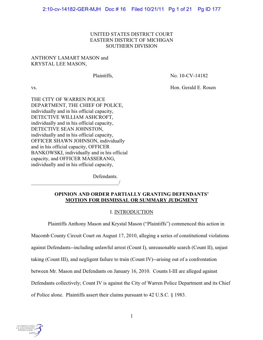 2:10-Cv-14182-GER-MJH Doc # 16 Filed 10/21/11 Pg 1 of 21 Pg ID 177