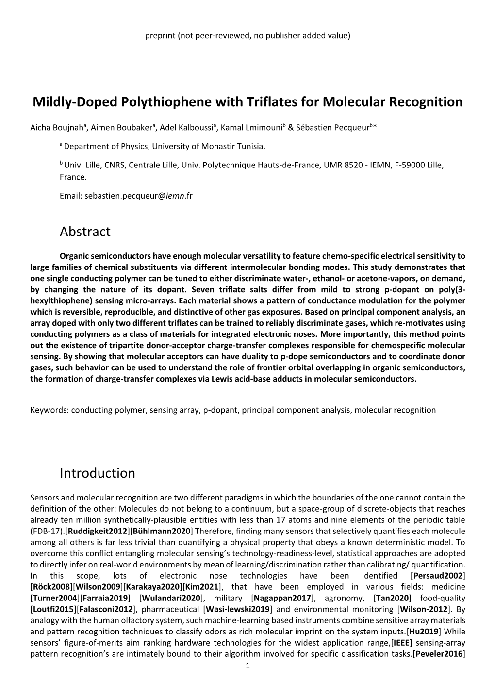 Mildly-Doped Polythiophene with Triflates for Molecular Recognition Abstract Introduction