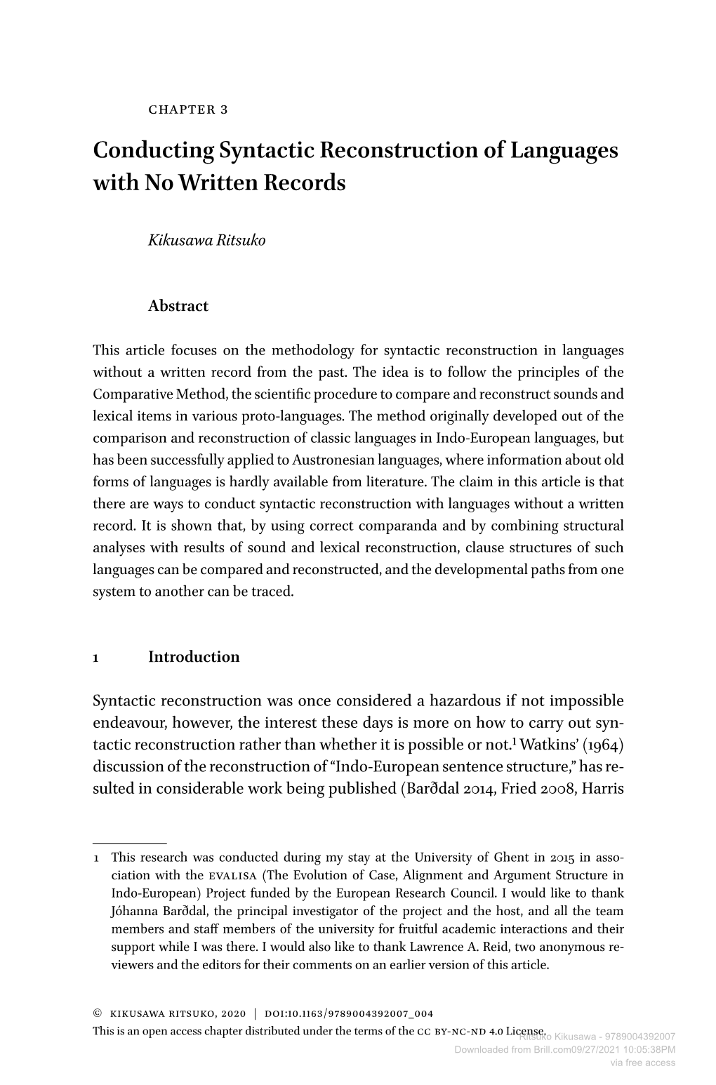 Downloaded from Brill.Com09/27/2021 10:05:38PM Via Free Access Syntactic Reconstruction with No Written Records 109