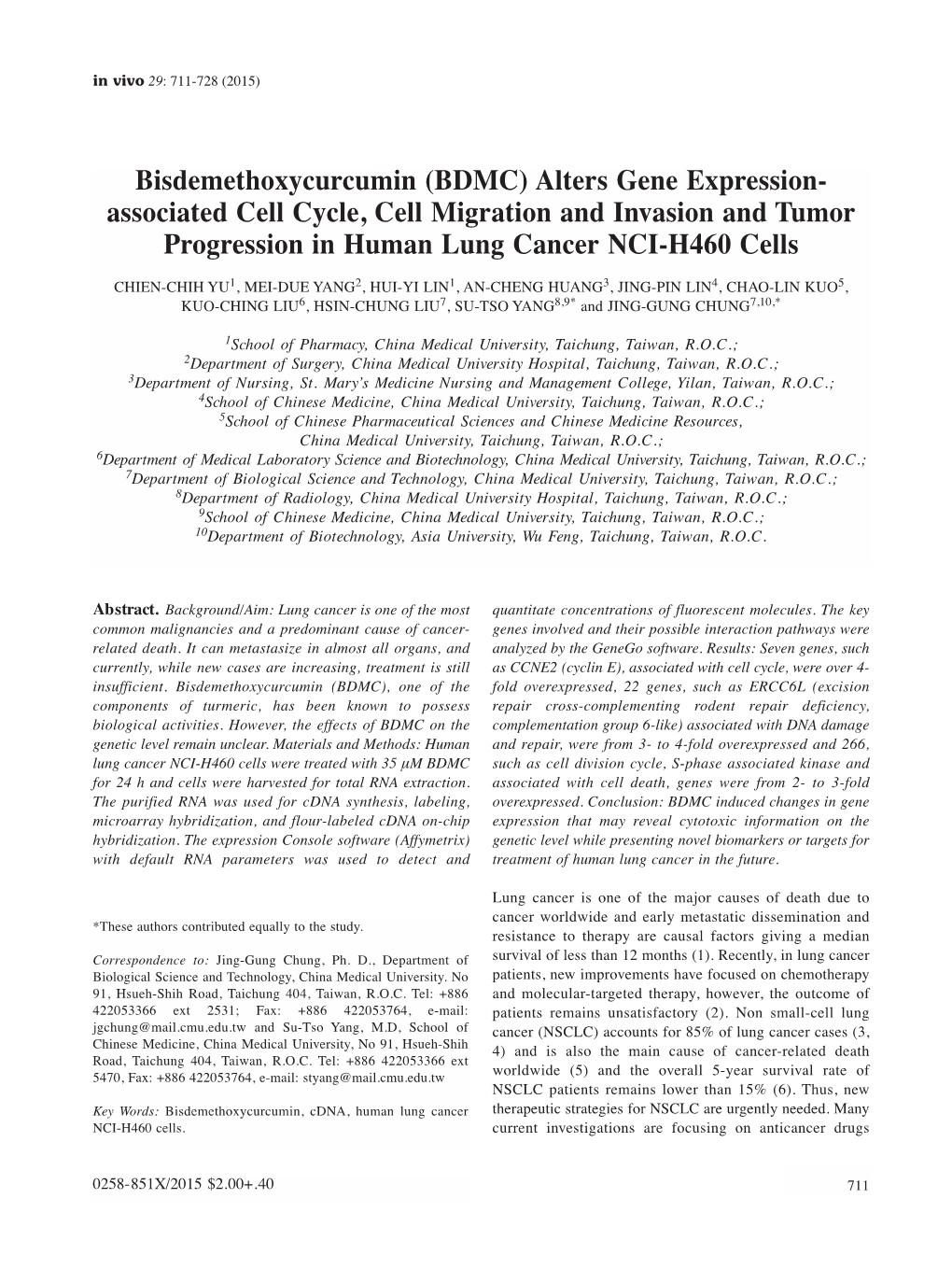 Bisdemethoxycurcumin (BDMC) Alters Gene Expression- Associated Cell Cycle, Cell Migration and Invasion and Tumor Progression in Human Lung Cancer NCI-H460 Cells